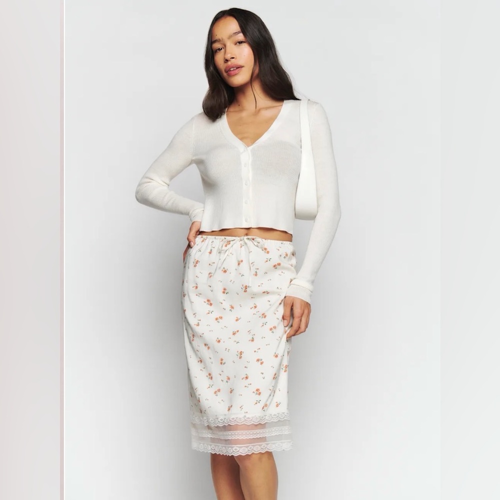 Reformation Emery White Floral Print Lace Trim Skirt Knee Length Size S